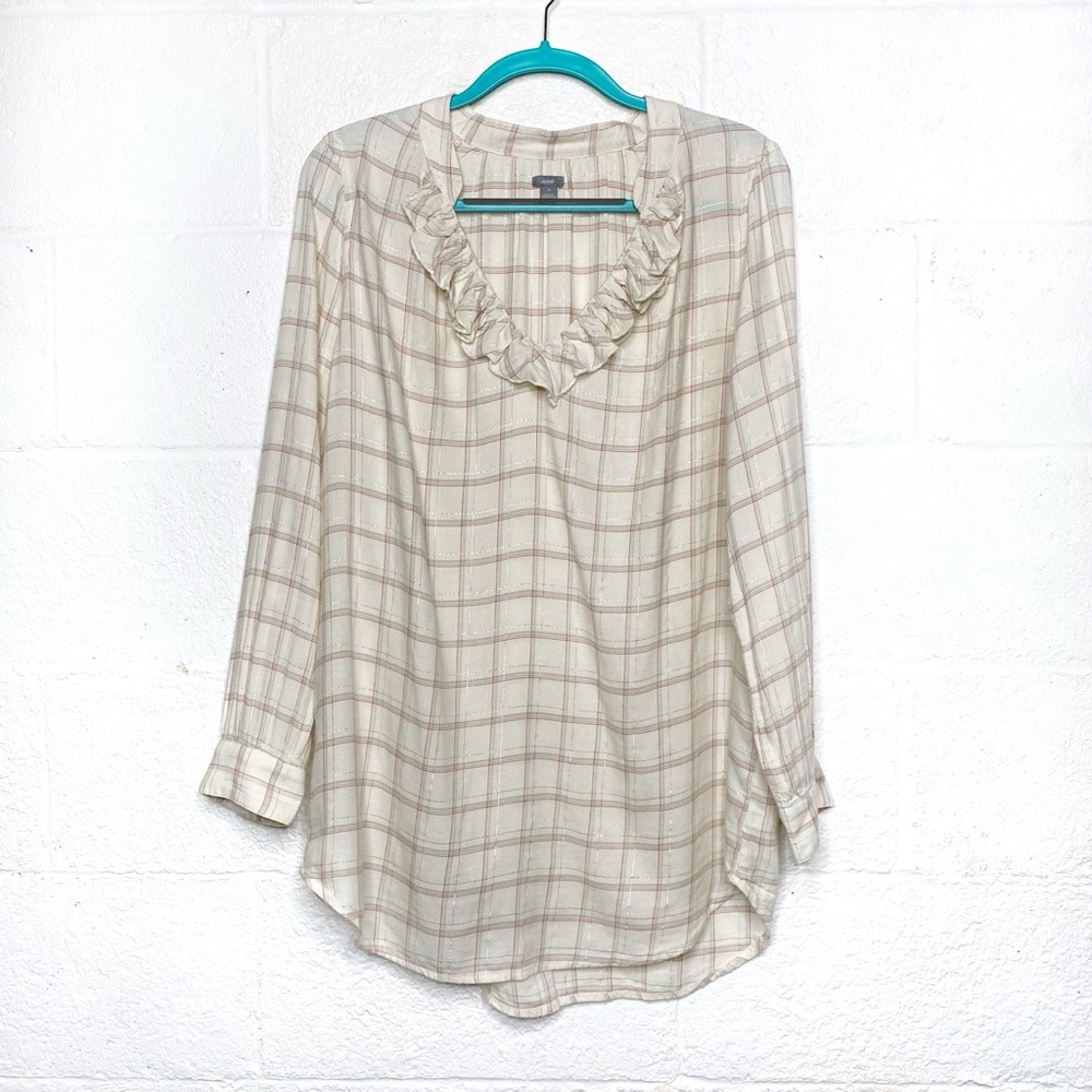 Aerie Metallic Plaid Ruffle Neckline Sleep Shirt